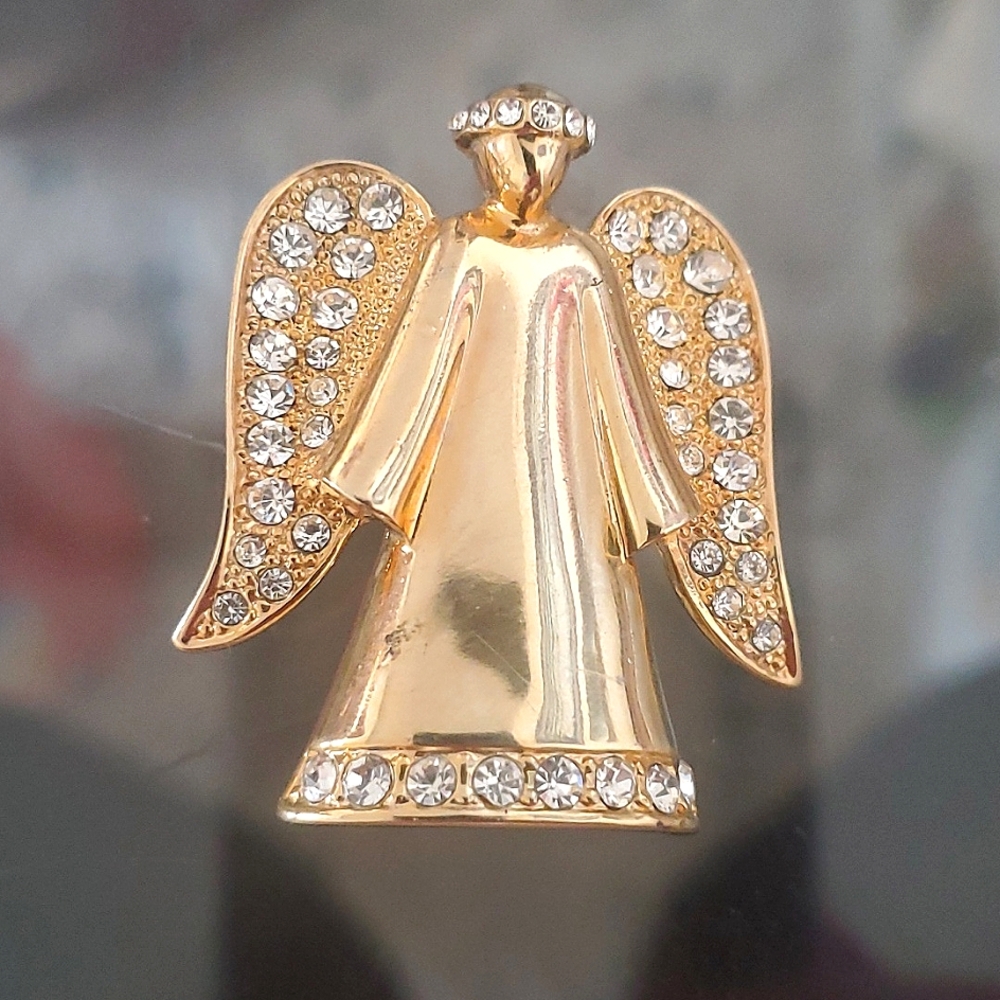 Monet Holiday Angel Brooch Pin Goldtone Rhinestones Christmas in July Pin